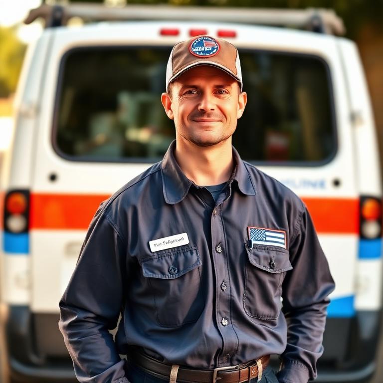 American plumber in front of service van